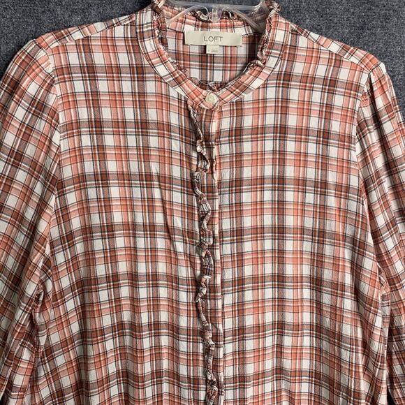 Loft Button Up Shirt Women L Ruffle Buttons & Hi Neck Orange Plaid Long Sleeve - Picture 2 of 16